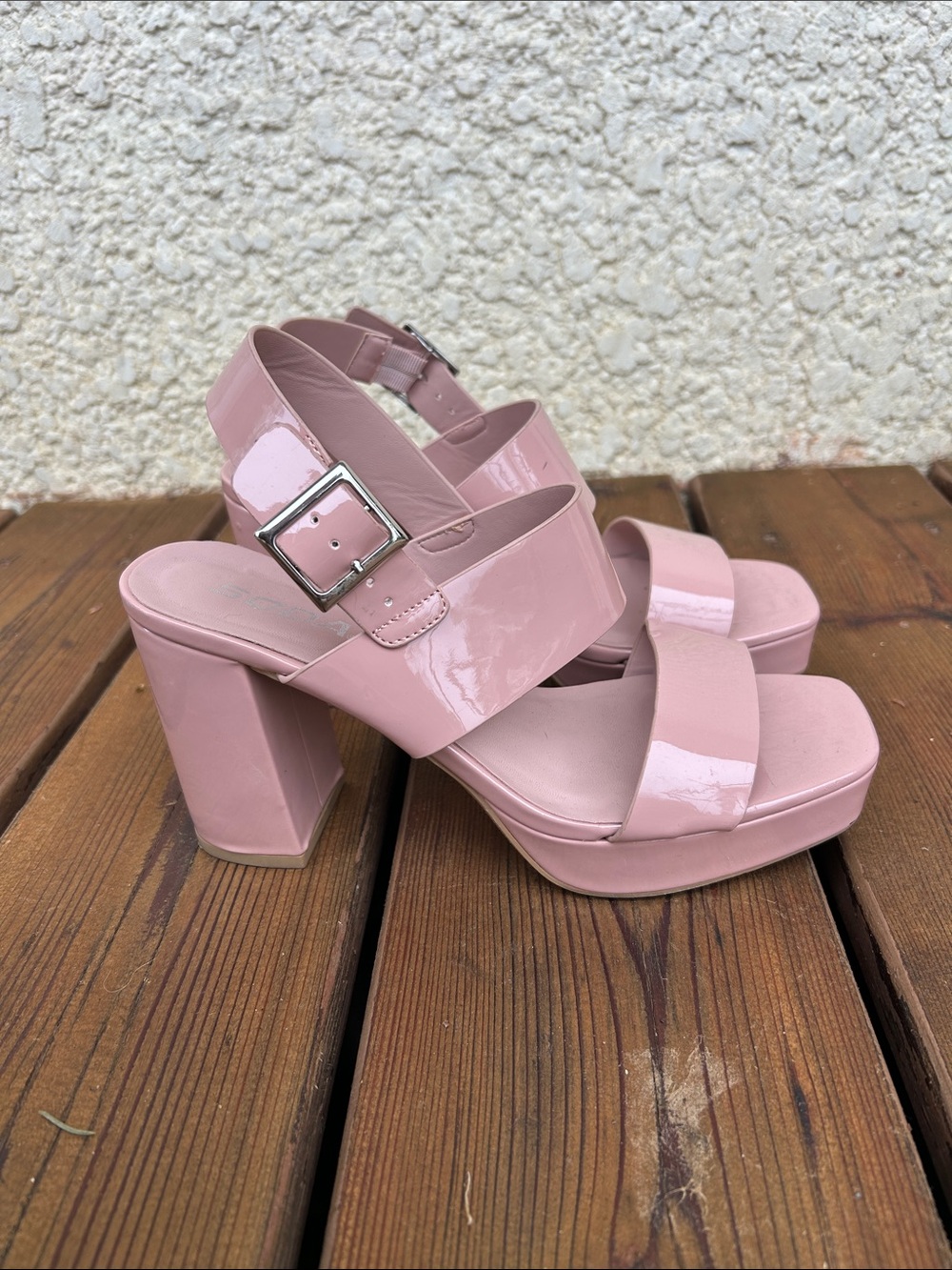 Soda Pink Patent Platform Block Heel Sandals
